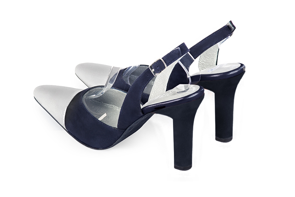 Women's silver and navy blue elegant slingback heels. Tapered toe. High kitten heels - Rear view